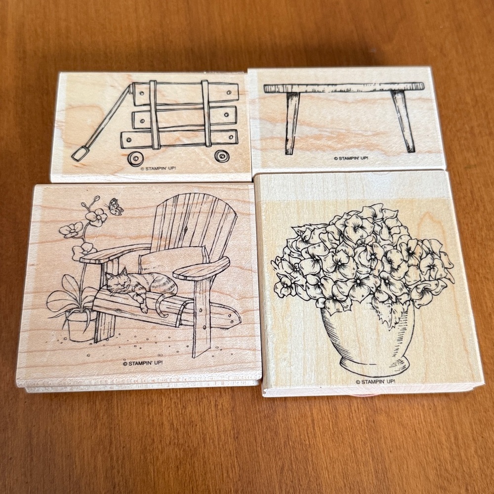 Stampin' Up! Garden Themed Rubber Stamp Flowers Wagon Cat in Chair Bench Set 4